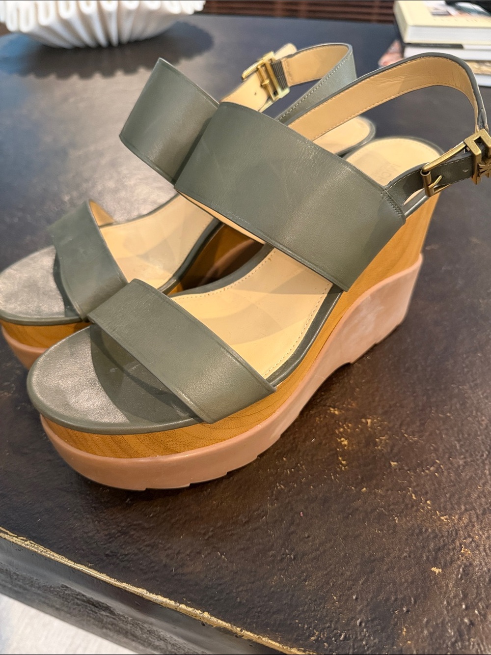 MICHAEL Michael Kors Olive Green Leather Platform Wedge Sandals
